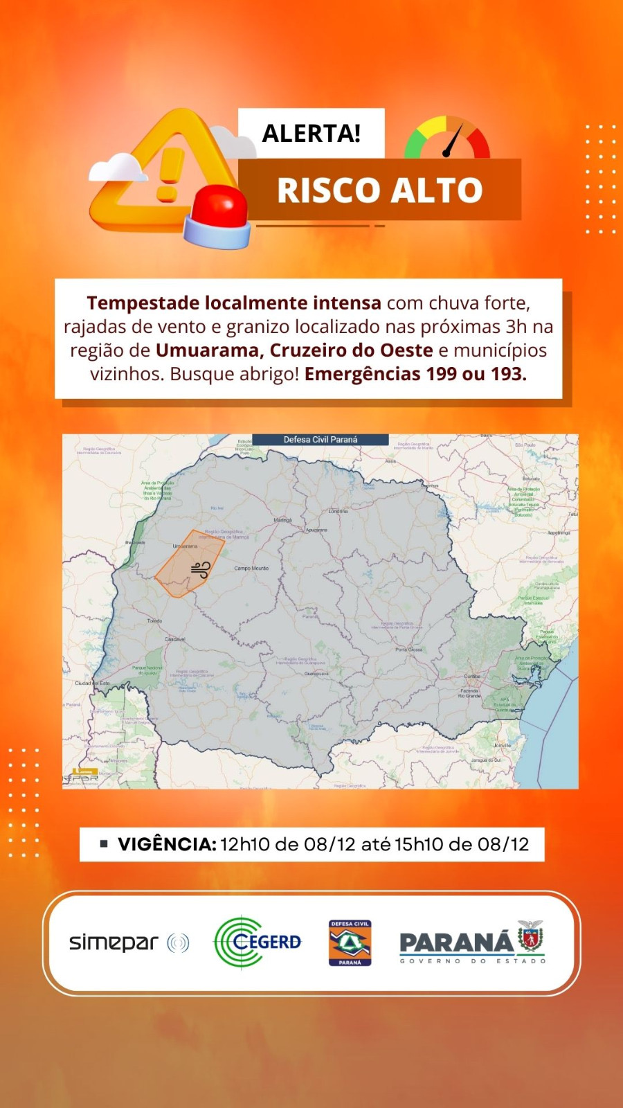 Defesa Civil emite alerta de risco alto para tempestades em Umuarama e região