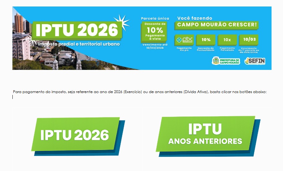 Boletos para pagamento do IPTU 2026 pela internet já estão disponíveis