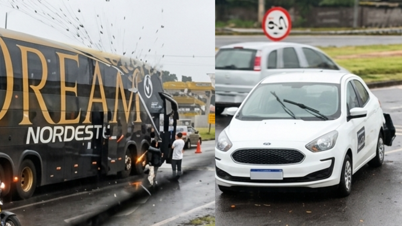 Carro da Santa Casa e ônibus da Expresso Nordeste se envolvem em acidente na saída para Maringá