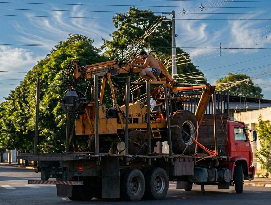 Caminhão com carga alta enrosca em fiação e galhos na Avenida Goioerê