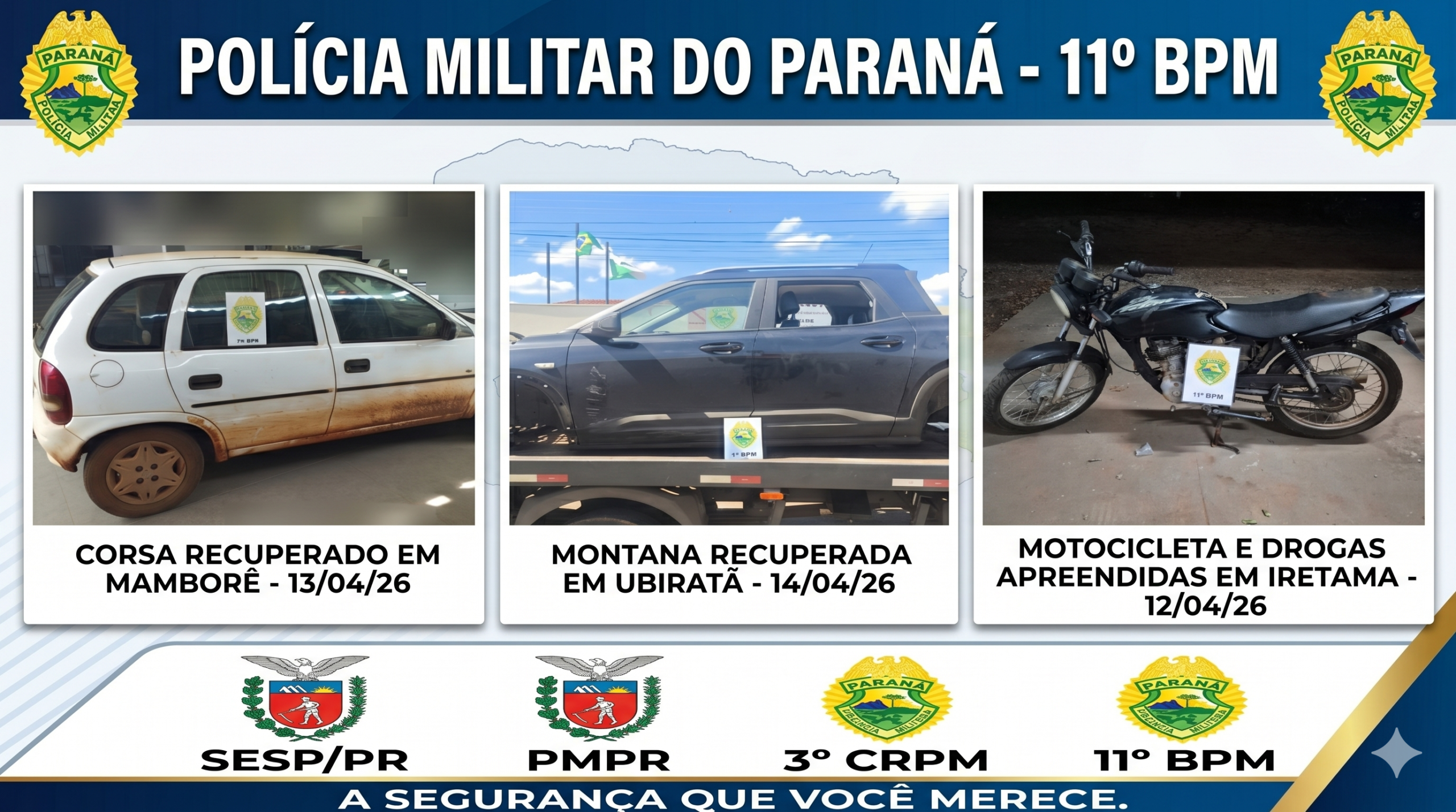 1º BPM intensifica cerco ao crime e recupera veículos em Ubiratã, Mamborê e Iretama