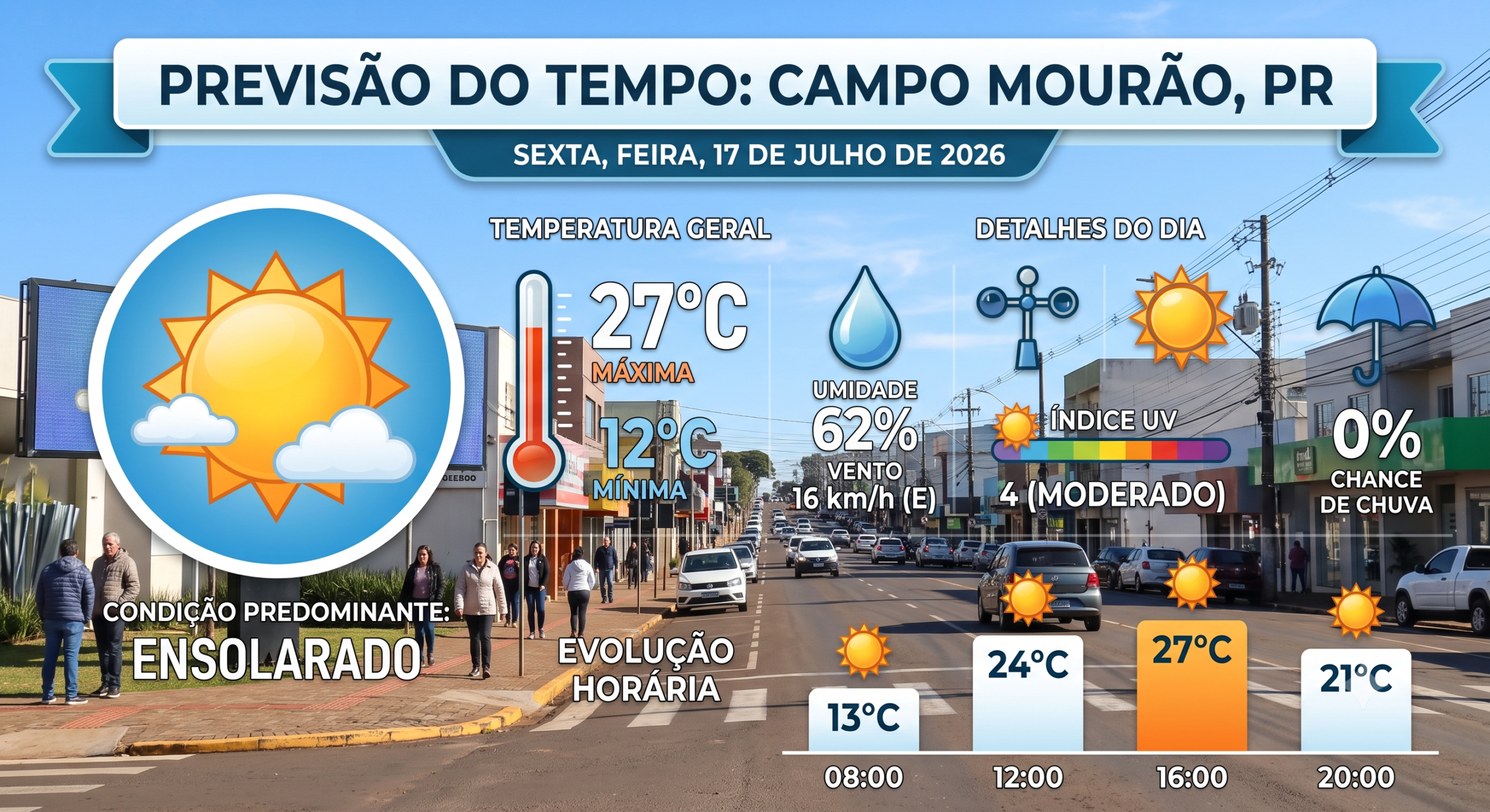 Sexta-feira de tempo firme e sol com algumas nuvens em Campo Mourão; confira a previsão