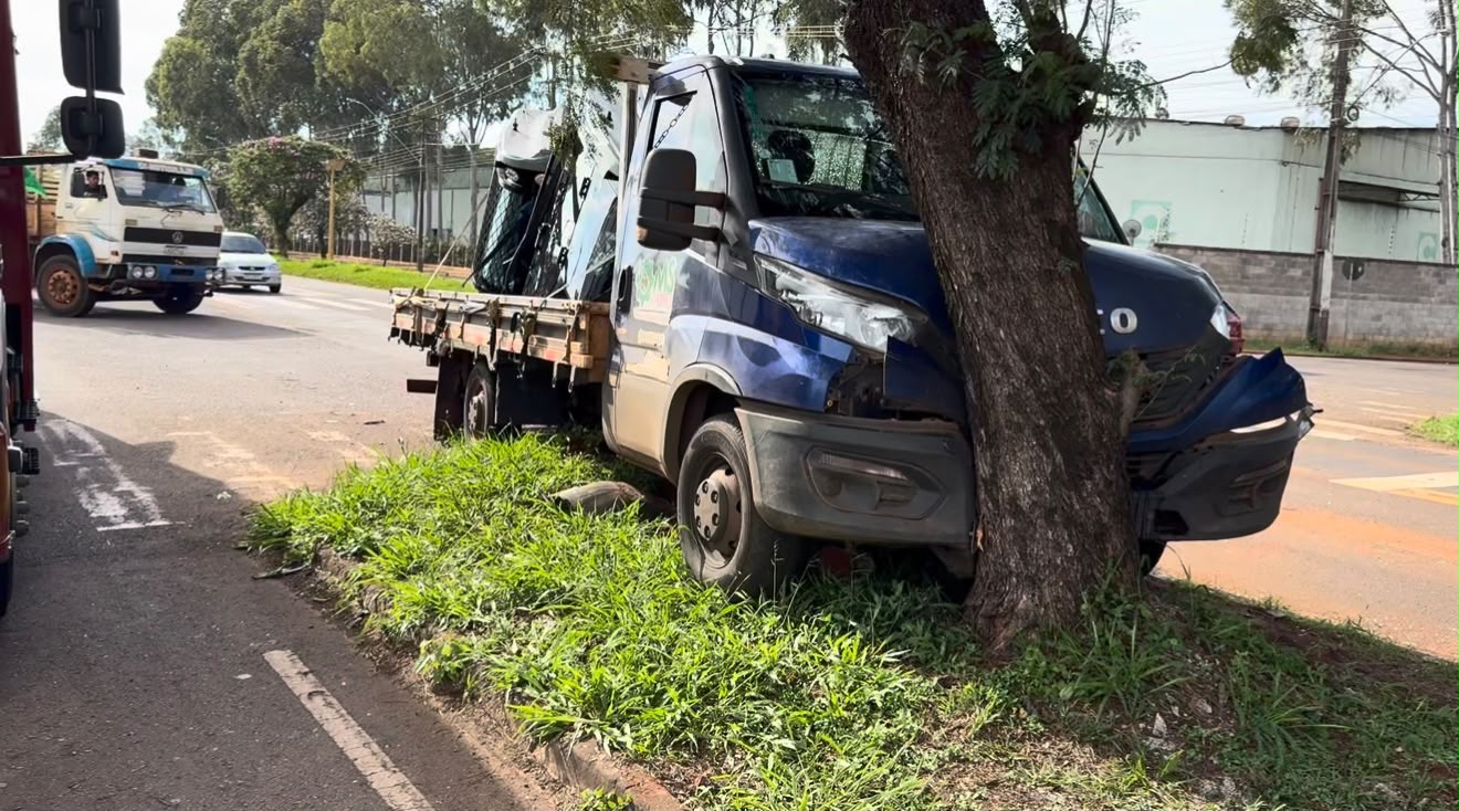 Caminhão bate em árvore após colisão com outro caminhão na Avenida John Kennedy