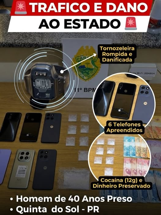  PRESOS EM FLAGRANTE – PM prende suspeito com drogas e tornozeleira rompida