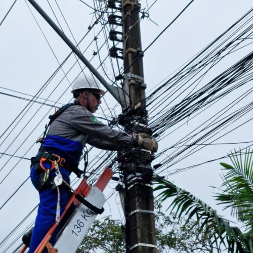 Mutirão começa a retirar fios soltos de postes na região do Lar Paraná, em Campo Mourão