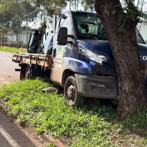 Caminhão bate em árvore após colisão com outro caminhão na Avenida John Kennedy