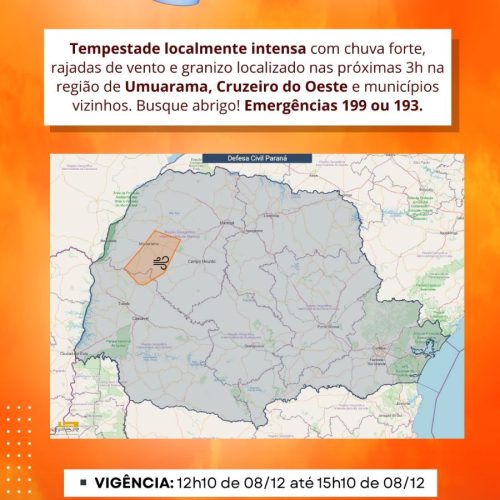 Defesa Civil emite alerta de risco alto para tempestades em Umuarama e região