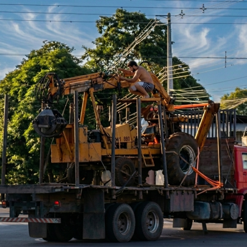 Caminhão com carga alta enrosca em fiação e galhos na Avenida Goioerê