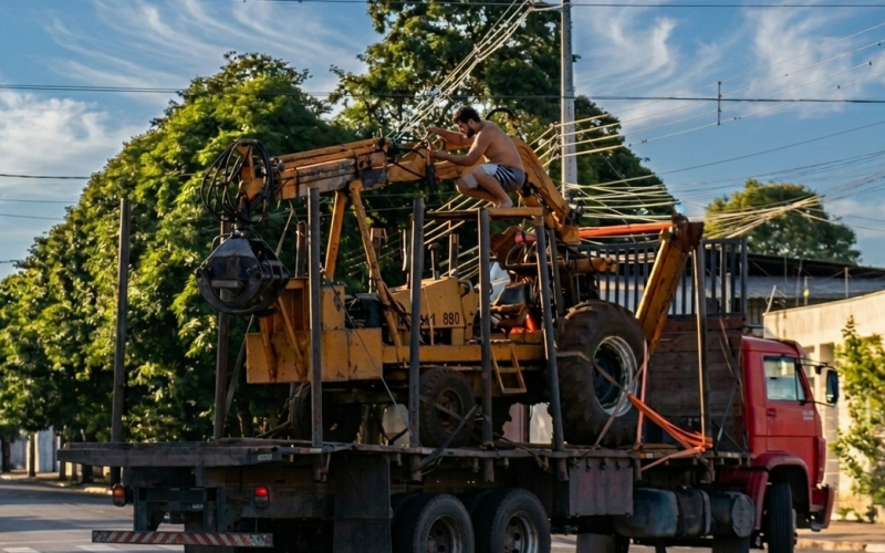 Caminhão com carga alta enrosca em fiação e galhos na Avenida Goioerê