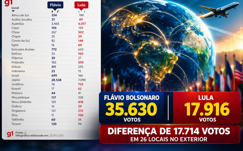SURPREENDEU! Flávio Bolsonaro soma 35 mil votos no exterior e abre vantagem de quase 18 mil sobre Lula em 26 locais