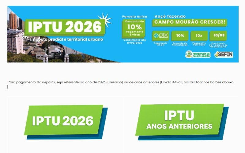 Boletos para pagamento do IPTU 2026 pela internet já estão disponíveis