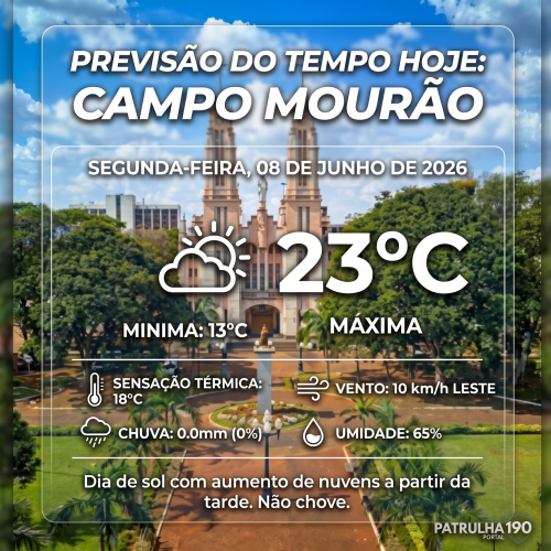 Segunda-feira terá predomínio de sol e temperaturas amadurecidas em Campo Mourão