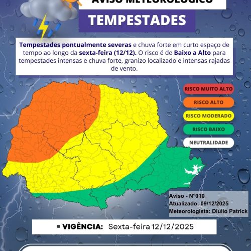 Aviso Meteorológico:  Paraná em Alerta para Tempestades Intensas e Chuva Forte na Sexta-feira (12/12)