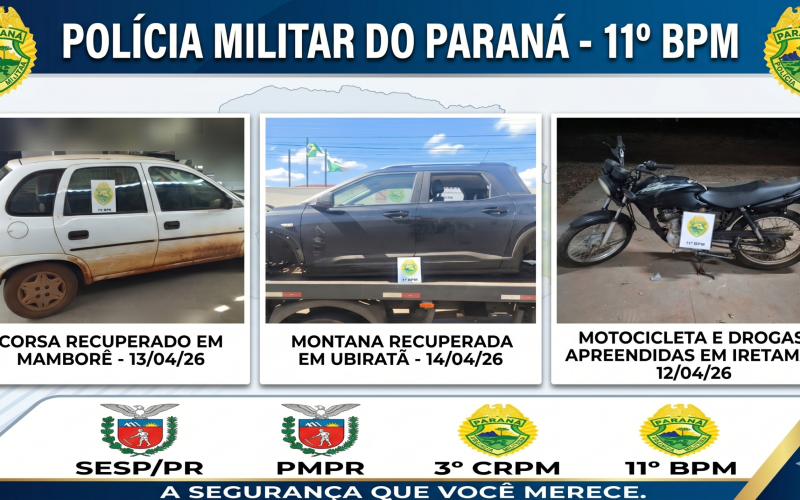 1º BPM intensifica cerco ao crime e recupera veículos em Ubiratã, Mamborê e Iretama